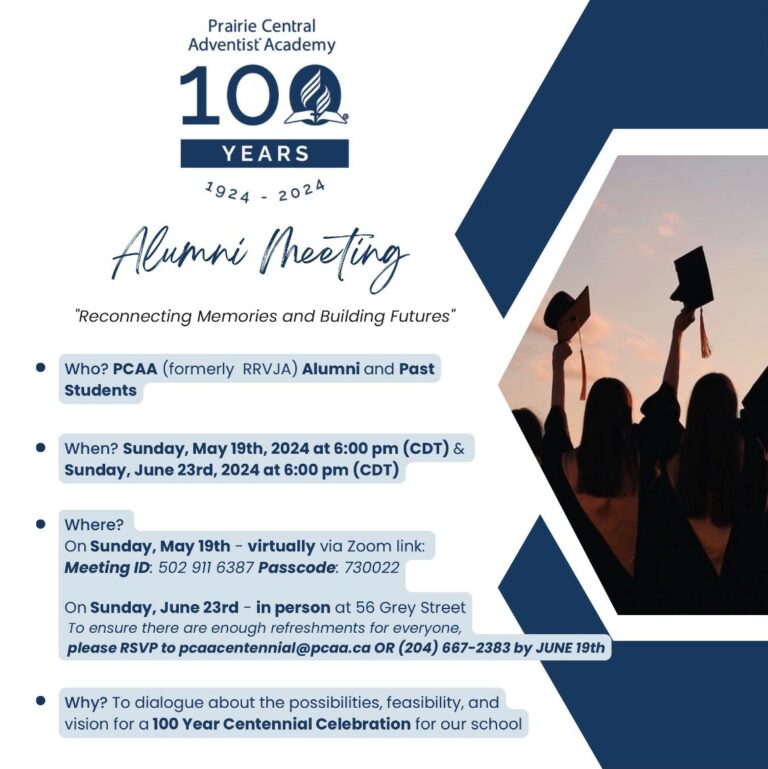 PCAA Alumni Meeting (RRVJA) for 100th Anniversary. Sunday May 10th RSVP by mail at pcaacentennial@pcaa.ca